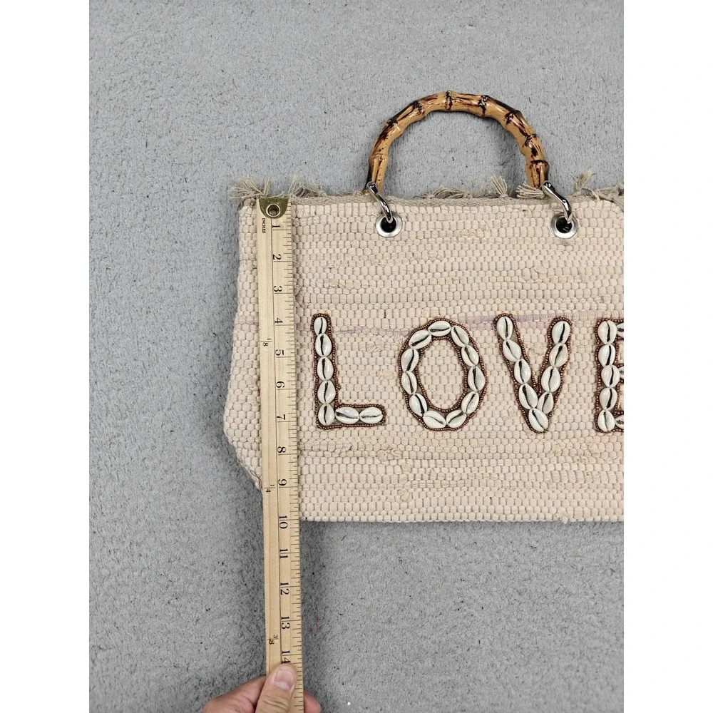 Beach Queen Tote Bag Womens Large Beige LOVE Shell‎ Bamboo Handles Woven Beach